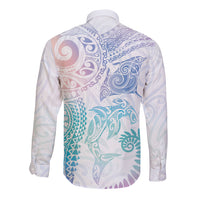 Aotearoa Maori Sea Animals Tribal Long Sleeve Button Shirt Manta Ray and Shark Moko Pattern Sweet Pastel LT03 - Polynesian Pride