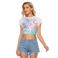 Aotearoa Maori Sea Animals Tribal Raglan Cropped T Shirt Manta Ray and Shark Moko Pattern Sweet Pastel LT03 Female Multicolor - Polynesian Pride
