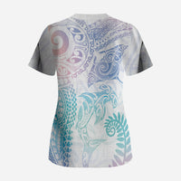 Aotearoa Maori Sea Animals Tribal Scrub Top Manta Ray and Shark Moko Pattern Sweet Pastel