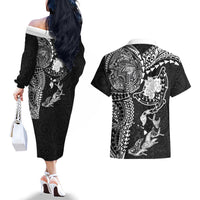 Hawaiian Manta Ray Tribal Couples Matching Off The Shoulder Long Sleeve Dress and Hawaiian Shirt Polynesian Art Motifs Black Color LT03 - Polynesian Pride