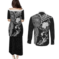 Hawaiian Manta Ray Tribal Couples Matching Puletasi and Long Sleeve Button Shirt Polynesian Art Motifs Black Color LT03 - Polynesian Pride