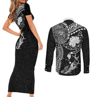 Hawaiian Manta Ray Tribal Couples Matching Short Sleeve Bodycon Dress and Long Sleeve Button Shirt Polynesian Art Motifs Black Color LT03 - Polynesian Pride