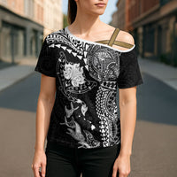 Hawaiian Manta Ray Tribal Cross Shoulder Shirt Polynesian Art Motifs Black Color LT03 - Polynesian Pride