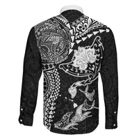 Hawaiian Manta Ray Tribal Family Matching Off Shoulder Short Dress and Hawaiian Shirt Polynesian Art Motifs Black Color LT03 - Polynesian Pride