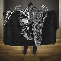 Hawaiian Manta Ray Tribal Hooded Blanket Polynesian Art Motifs Black Color