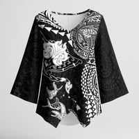 Hawaiian Manta Ray Tribal Kimono Sleeve Blouse Polynesian Art Motifs Black Color