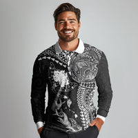 Hawaiian Manta Ray Tribal Long Sleeve Polo Shirt Polynesian Art Motifs Black Color LT03 - Polynesian Pride