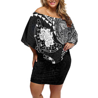 Hawaiian Manta Ray Tribal Off Shoulder Short Dress Polynesian Art Motifs Black Color LT03 Women Black - Polynesian Pride