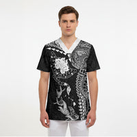Hawaiian Manta Ray Tribal Scrub Top Polynesian Art Motifs Black Color