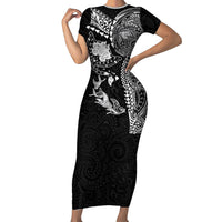 Hawaiian Manta Ray Tribal Short Sleeve Bodycon Dress Polynesian Art Motifs Black Color LT03 Long Dress Black - Polynesian Pride