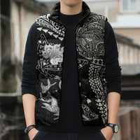Hawaiian Manta Ray Tribal Sleeveless Puffer Jacket Polynesian Art Motifs Black Color