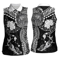 Hawaiian Manta Ray Tribal Women Sleeveless Polo Shirt Polynesian Art Motifs Black Color LT03 - Polynesian Pride