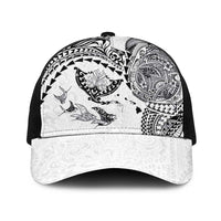 Hawaiian Manta Ray Tribal Baseball Net Cap Polynesian Art Motifs White Color
