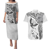 Hawaiian Manta Ray Tribal Couples Matching Puletasi and Hawaiian Shirt Polynesian Art Motifs White Color LT03 White - Polynesian Pride