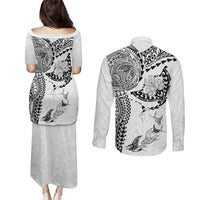 Hawaiian Manta Ray Tribal Couples Matching Puletasi and Long Sleeve Button Shirt Polynesian Art Motifs White Color LT03 - Polynesian Pride