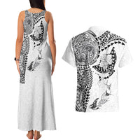 Hawaiian Manta Ray Tribal Couples Matching Tank Maxi Dress and Hawaiian Shirt Polynesian Art Motifs White Color LT03 - Polynesian Pride
