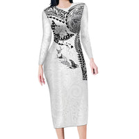 Hawaiian Manta Ray Tribal Family Matching Long Sleeve Bodycon Dress and Hawaiian Shirt Polynesian Art Motifs White Color LT03 Mom's Dress White - Polynesian Pride