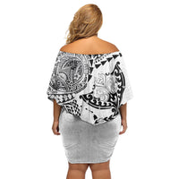 Hawaiian Manta Ray Tribal Family Matching Off Shoulder Short Dress and Hawaiian Shirt Polynesian Art Motifs White Color LT03 - Polynesian Pride