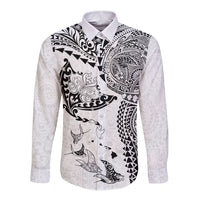 Hawaiian Manta Ray Tribal Long Sleeve Button Shirt Polynesian Art Motifs White Color