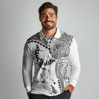Hawaiian Manta Ray Tribal Long Sleeve Polo Shirt Polynesian Art Motifs White Color LT03 - Polynesian Pride