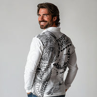 Hawaiian Manta Ray Tribal Long Sleeve Polo Shirt Polynesian Art Motifs White Color LT03 - Polynesian Pride