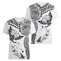 Hawaiian Manta Ray Tribal Women V-Neck T-Shirt Polynesian Art Motifs White Color LT03 - Polynesian Pride