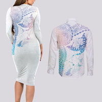 Hawaiian Manta Ray Tribal Couples Matching Long Sleeve Bodycon Dress and Long Sleeve Button Shirt Polynesian Art Motifs Sweet Pastel LT03 - Polynesian Pride