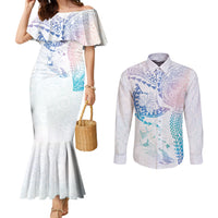 Hawaiian Manta Ray Tribal Couples Matching Mermaid Dress and Long Sleeve Button Shirt Polynesian Art Motifs Sweet Pastel LT03 Multicolor - Polynesian Pride
