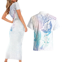 Hawaiian Manta Ray Tribal Couples Matching Short Sleeve Bodycon Dress and Hawaiian Shirt Polynesian Art Motifs Sweet Pastel LT03 - Polynesian Pride