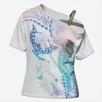 Hawaiian Manta Ray Tribal Cross Shoulder Shirt Polynesian Art Motifs Sweet Pastel LT03 Female Multicolor - Polynesian Pride