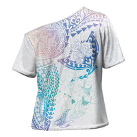 Hawaiian Manta Ray Tribal Cross Shoulder Shirt Polynesian Art Motifs Sweet Pastel LT03 - Polynesian Pride