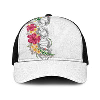 Hawaii DNA Kakau Tattoo Baseball Net Cap with Plumeria and Hibiscus Tropical Plants White Color LT03 One Size Black White - Polynesian Pride