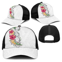 Hawaii DNA Kakau Tattoo Baseball Net Cap with Plumeria and Hibiscus Tropical Plants White Color LT03 - Polynesian Pride