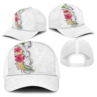 Hawaii DNA Kakau Tattoo Baseball Net Cap with Plumeria and Hibiscus Tropical Plants White Color LT03 - Polynesian Pride