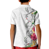 Hawaii DNA Kakau Tattoo Kid Polo Shirt with Plumeria and Hibiscus Tropical Plants White Color