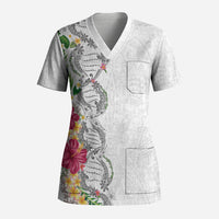 Hawaii DNA Kakau Tattoo Scrub Top with Plumeria and Hibiscus Tropical Plants White Color