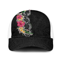 Hawaii DNA Kakau Tattoo Baseball Net Cap with Plumeria and Hibiscus Tropical Plants Black Color LT03 One Size White Black - Polynesian Pride