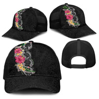 Hawaii DNA Kakau Tattoo Baseball Net Cap with Plumeria and Hibiscus Tropical Plants Black Color LT03 - Polynesian Pride