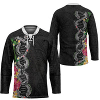 Hawaii DNA Kakau Tattoo Hockey Jersey with Plumeria and Hibiscus Tropical Plants Black Color