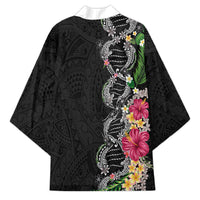 Hawaii DNA Kakau Tattoo Kimono with Plumeria and Hibiscus Tropical Plants Black Color