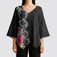Hawaii DNA Kakau Tattoo Kimono Sleeve Blouse with Plumeria and Hibiscus Tropical Plants Black Color