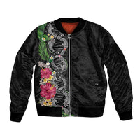 Hawaii DNA Kakau Tattoo Sleeve Zip Bomber Jacket with Plumeria and Hibiscus Tropical Plants Black Color