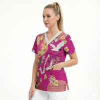 Hawaiian and Japanese Culture Together Scrub Top Kakau Tribal Pattern and Irezumi Art Pink Color