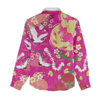Hawaiian and Japanese Culture Together Women Casual Shirt Kakau Tribal Pattern and Irezumi Art Pink Color