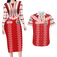 Custom Tahiti Football Polynesian Pattern Couples Matching Long Sleeve Bodycon Dress and Hawaiian Shirt LT03 Red - Polynesian Pride