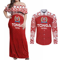 Custom Tonga Football Ngatu Tribal Tattoo Couples Matching Off Shoulder Maxi Dress and Long Sleeve Button Shirt LT03 Red - Polynesian Pride