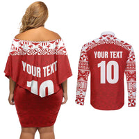 Custom Tonga Football Ngatu Tribal Tattoo Couples Matching Off Shoulder Short Dress and Long Sleeve Button Shirt LT03 - Polynesian Pride