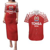 Custom Tonga Football Ngatu Tribal Tattoo Couples Matching Puletasi and Hawaiian Shirt LT03 Red - Polynesian Pride