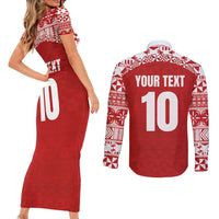 Custom Tonga Football Ngatu Tribal Tattoo Couples Matching Short Sleeve Bodycon Dress and Long Sleeve Button Shirt LT03 - Polynesian Pride