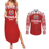 Custom Tonga Football Ngatu Tribal Tattoo Couples Matching Summer Maxi Dress and Long Sleeve Button Shirt LT03 Red - Polynesian Pride